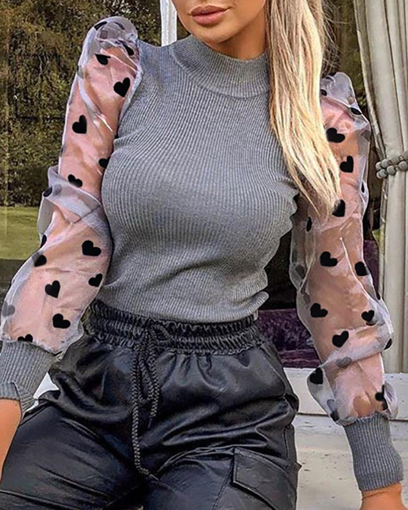 

Mock Neck Polka Dot Puff Sleeve Mesh Insert Blouse, Gray