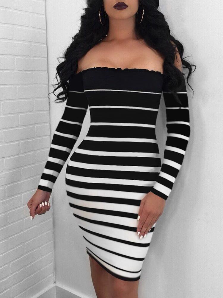 

Stripes Off Shoulder Long Sleeve Bodycon Dress, White