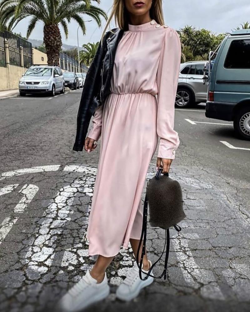 

Solid Satin Cinched Waist Long Sleeve Dress, Pink