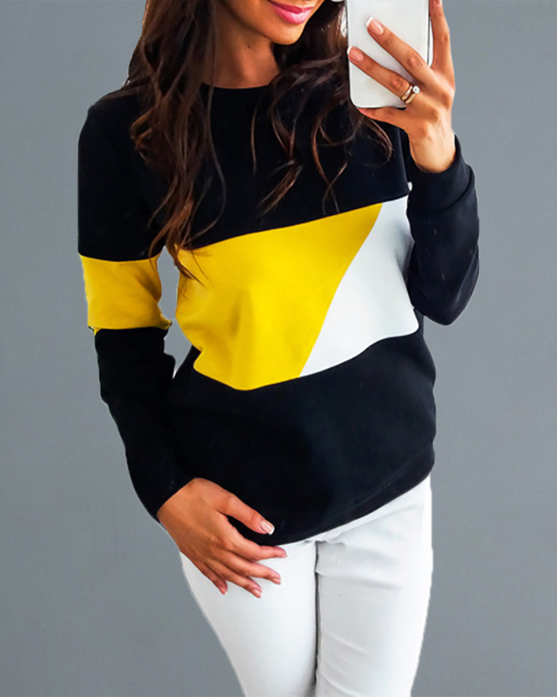 

Round Neck Colorblock Insert Casual Sweatshirt, Yellow
