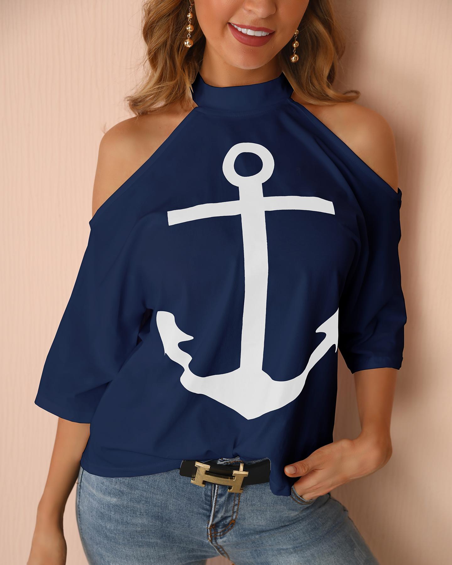 

Cold Shoulder Boat Anchor Print T-Shirt, Blue