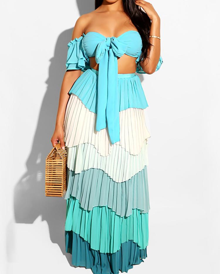 

Off Shoulder Crop Top & Maxi Layered Skirt Set