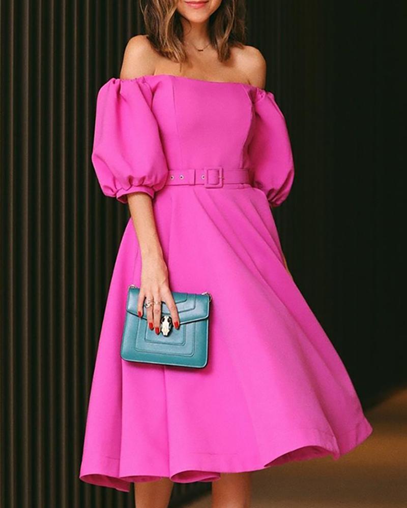 

Solid Off Shoulder Puff Sleeve Dress, Hot pink