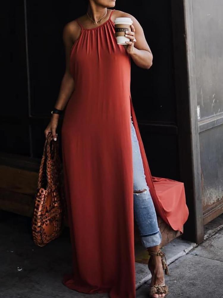 

Solid Halter Side High Slit Loose Maxi Dress, Red