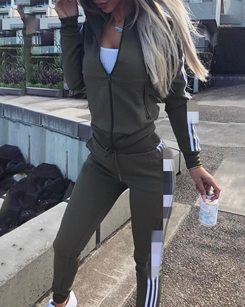 

Striped Tape Zipper Design Hooded Top & Drawstring Pants Set, Green