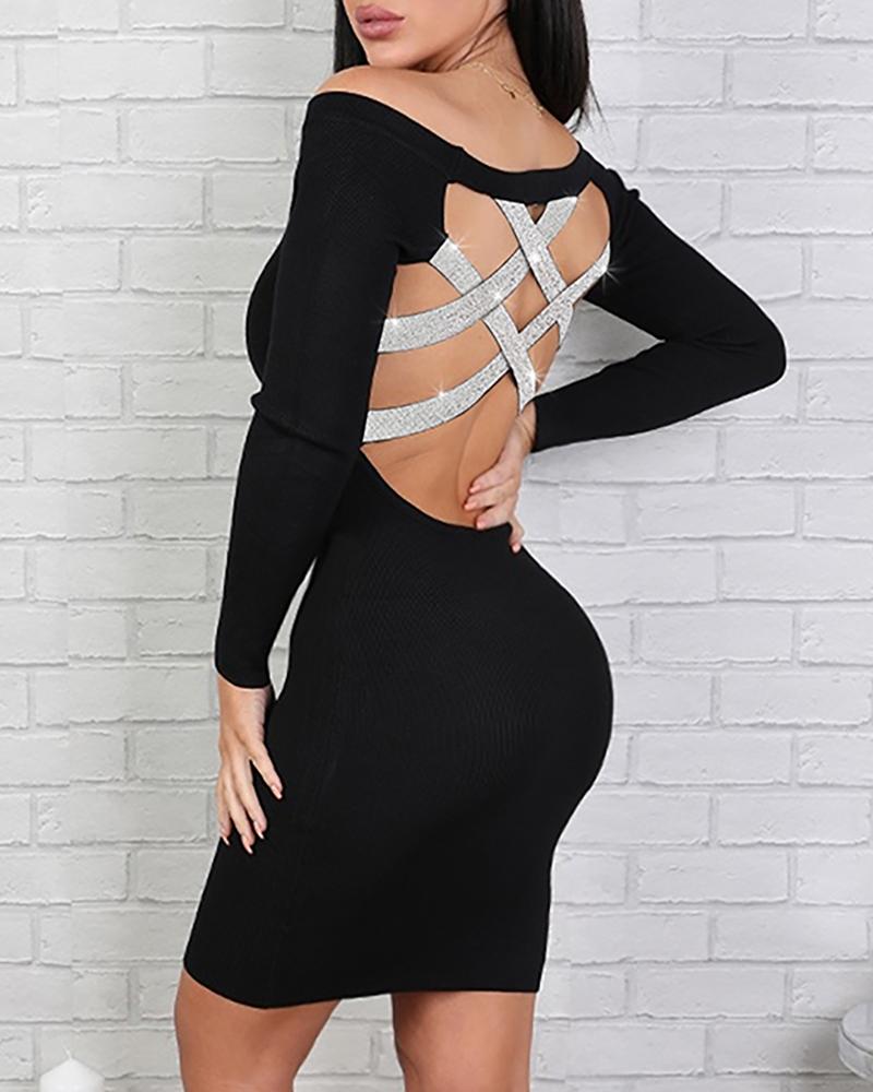 

Glitter Ribbon Crisscross Backless Bodycon Dress, Black