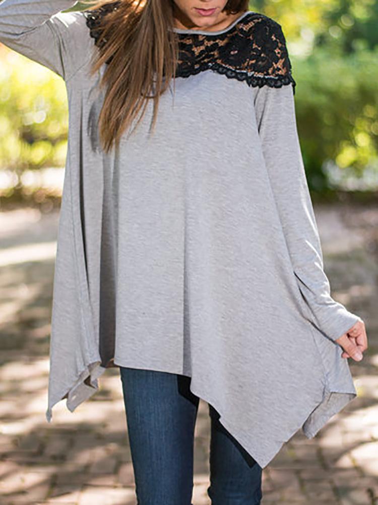 

Lace Patchwork Dip Hem Blouse, Gray