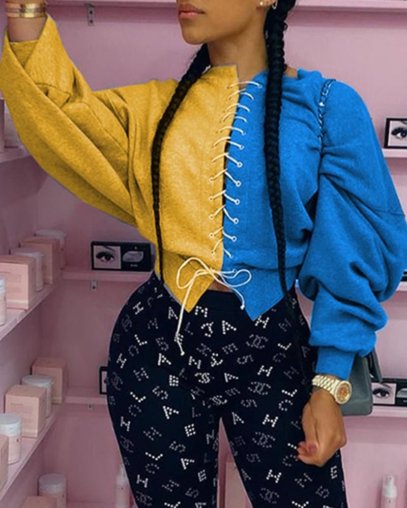 

Eyelet Lace Up Colorblock Casual Sweatshirt, Yellow