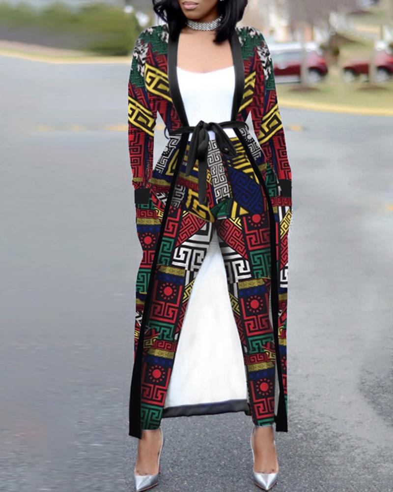 

Retro Print Open Front Longline Coat & Pants Sets, Red