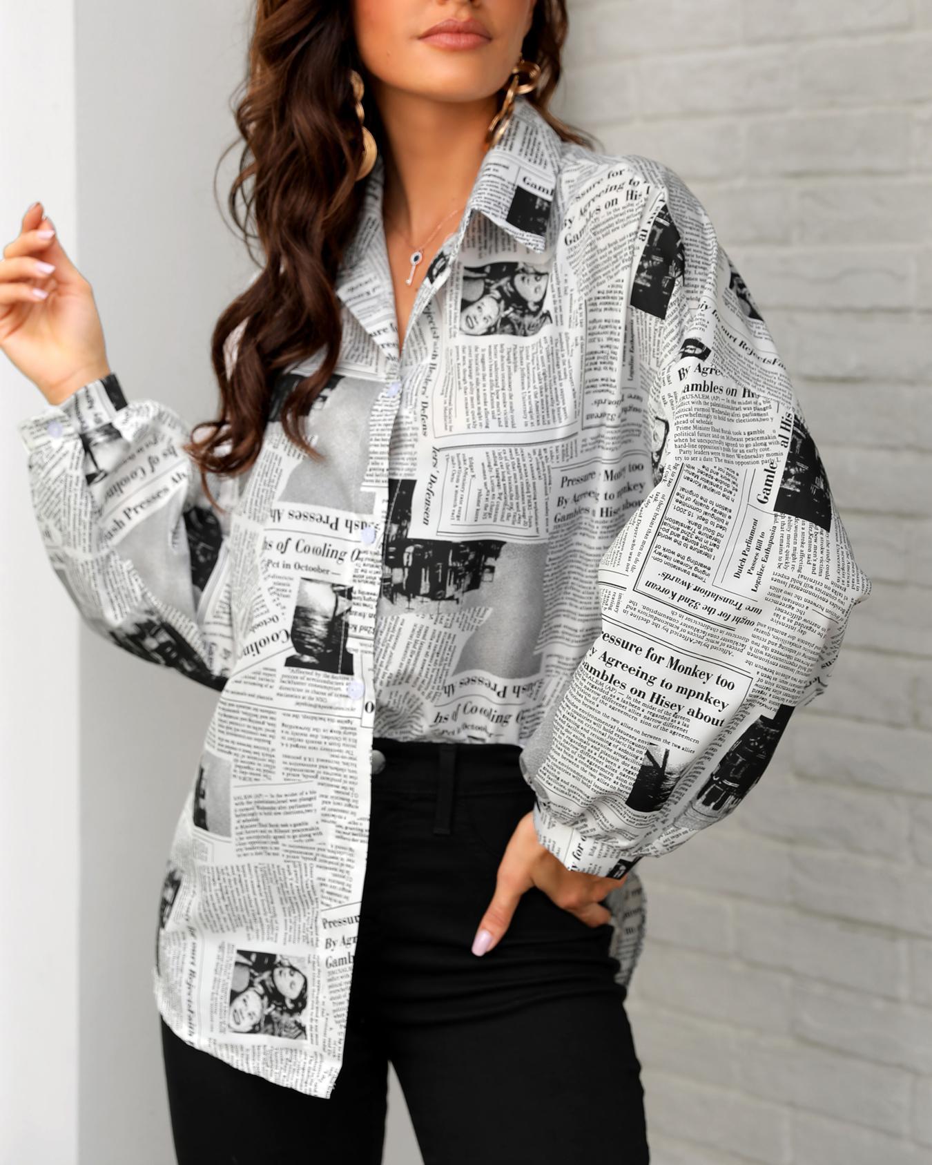 

Newspaper Print Long Sleeve Casual Shirt, Black