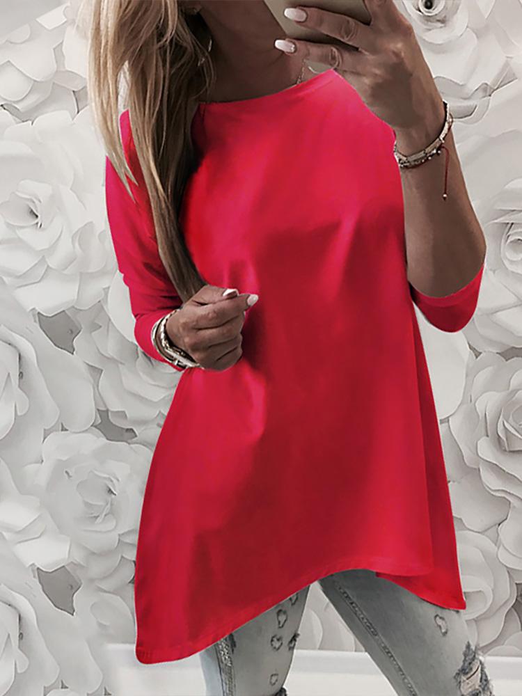

Long Sleeve Round Neck Irregular Hem T-Shirt, Red