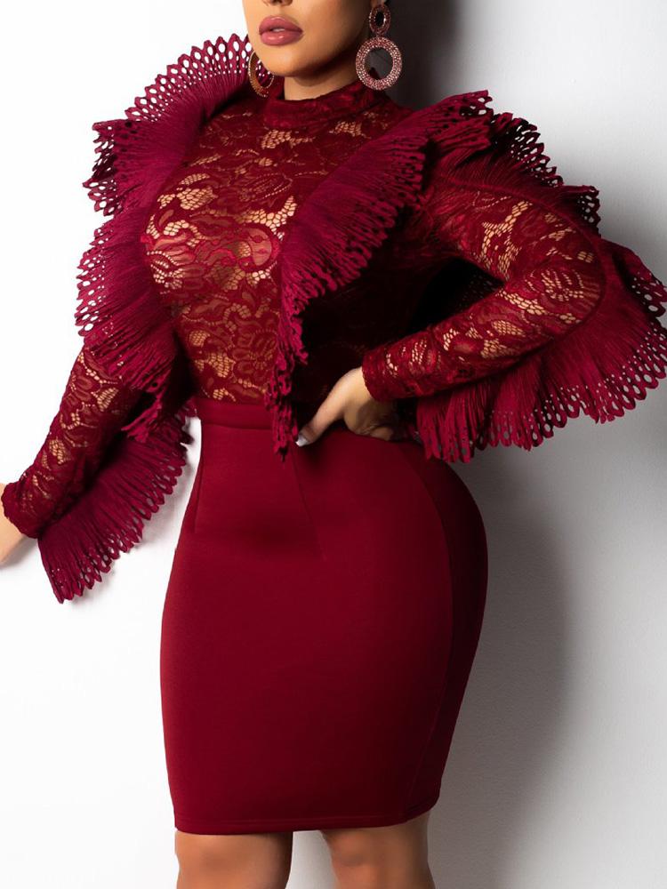 

Ruffles Design Sheer Lace Bodycon Dress