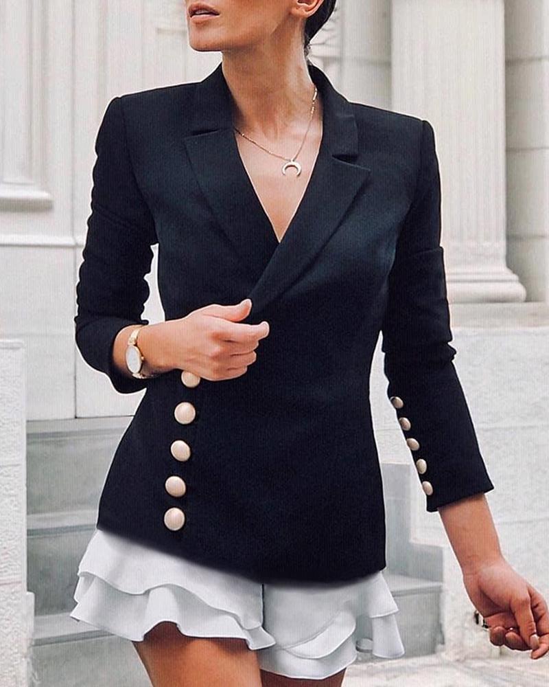 

Buttoned Ruffles Hem Blazer Dress, Black