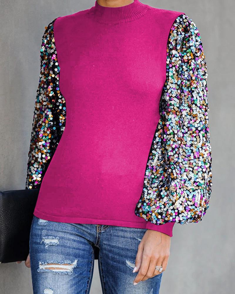 

Mock Neck Lantern Sleeve Sequins Colorblock Insert Blouse, Hot pink