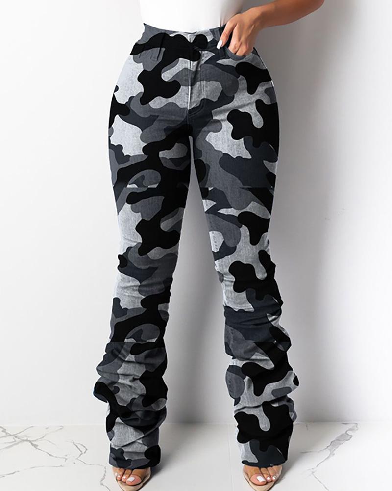 

High Waist Print Layered Ruched Bell-bottomed Pants, Gray
