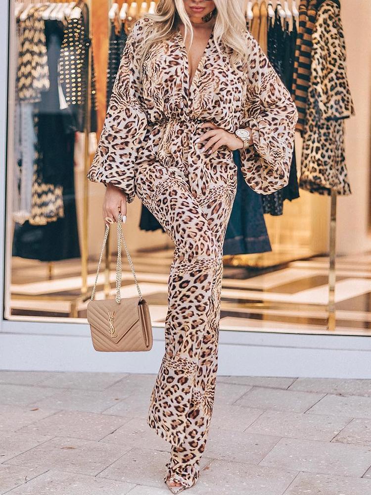 

Leopard Print Bell Sleeve Belted Casual Jumpuits, Light brown