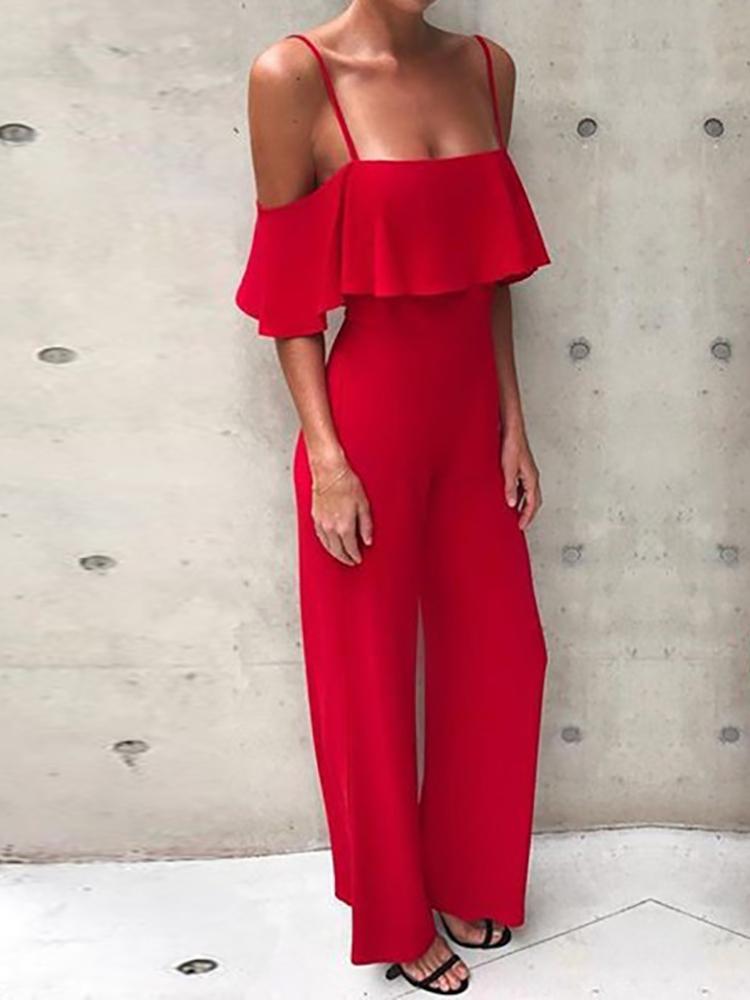 

Solid Color Wide Leg Flounce Slip Jumpsuit, Red