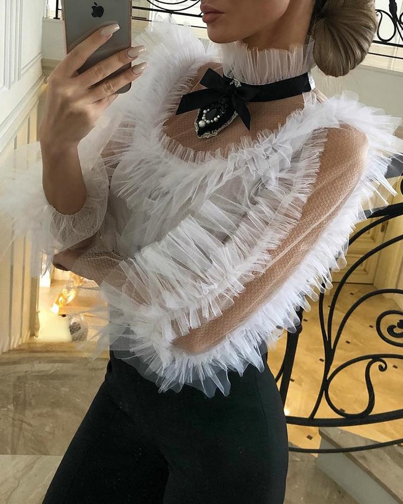 

Mesh Tie Neck Ruffle Top