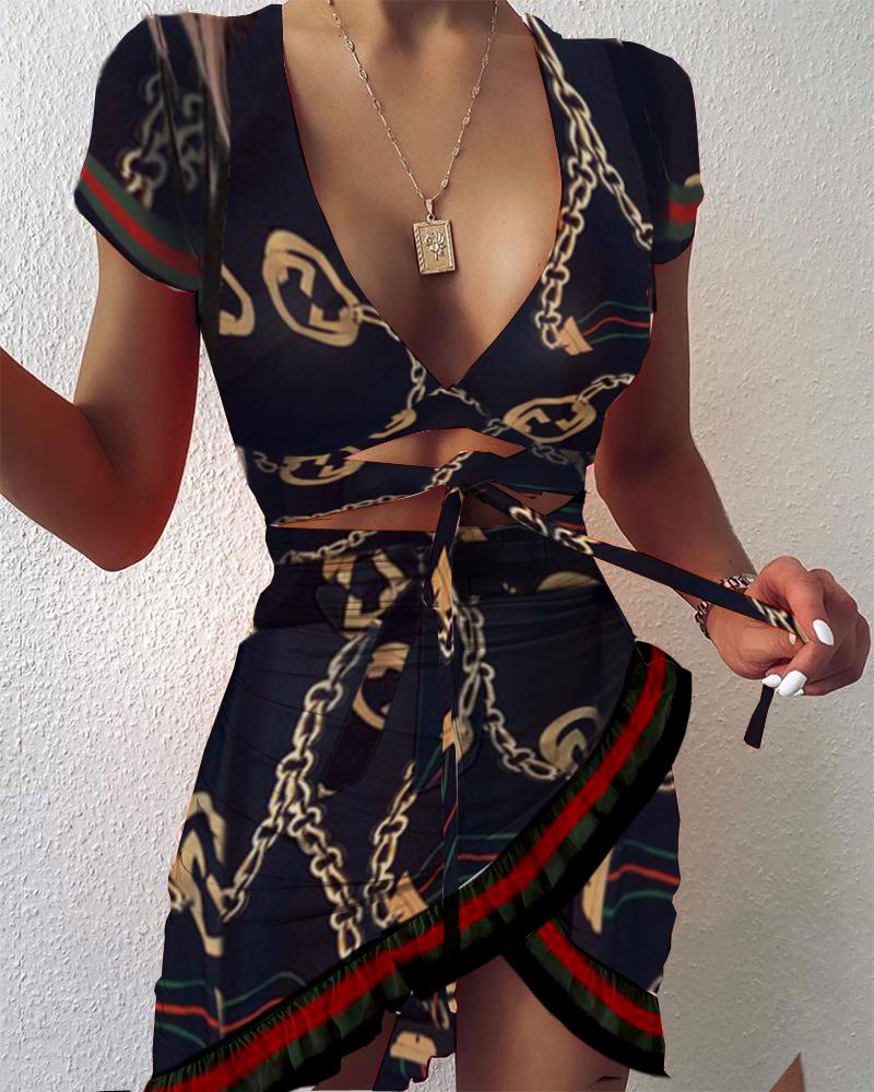 

Chain Print Cutout Ruffles Ruched Dress, Dark blue