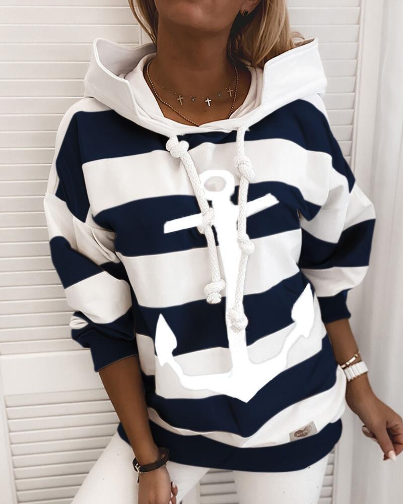 

Boat Anchor Print Long Sleeve Hooded Sweatshirt, White