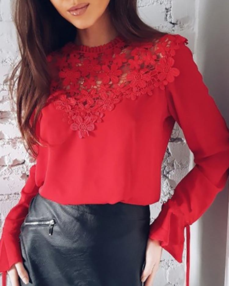 

Sexy Flare Sleeve Lace Patchwork Blouse, Red