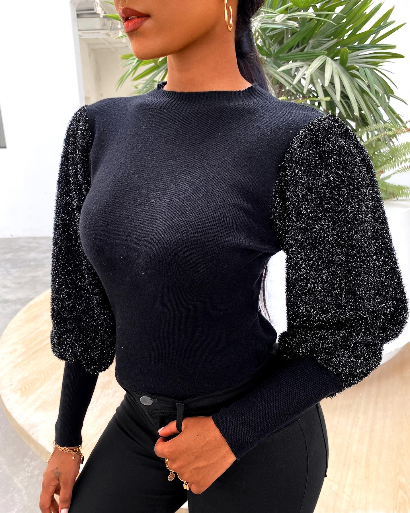 

Glitter Lantern Sleeve Knit Sweater, Black