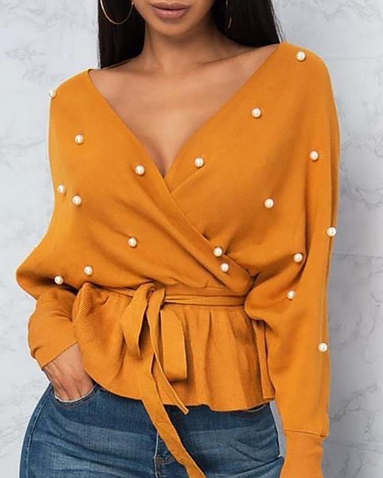 

Beading Embellished Batwing Sleeve Belted Top, Dark yellow