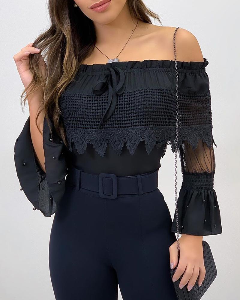 

Off Shoulder Crochet Lace Sheer Mesh Beaded Top, Black