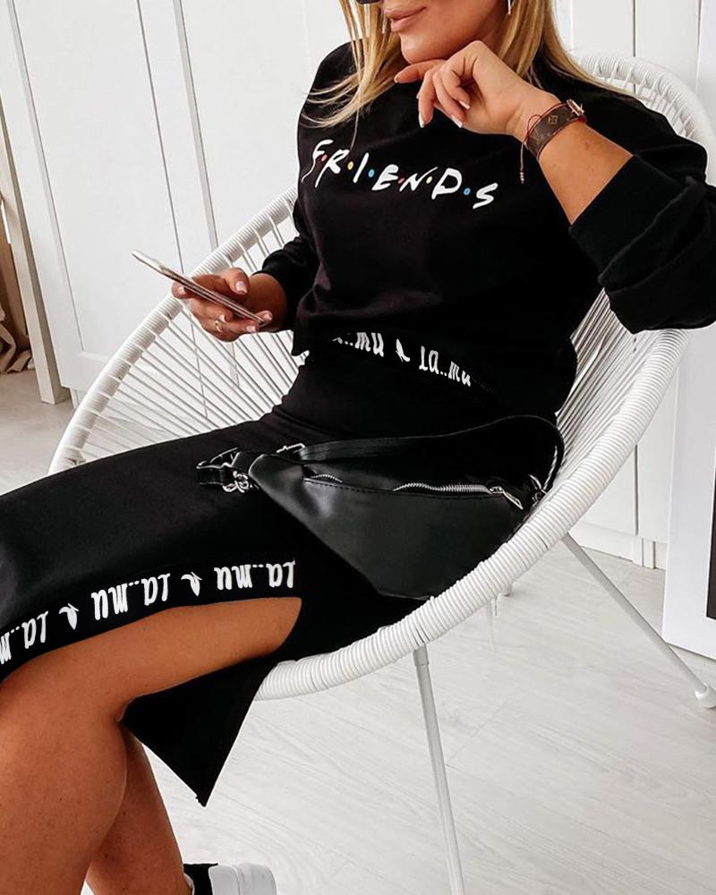 

Letter Print Long Sleeve Top & Slit Maxi Skirt Set, Black