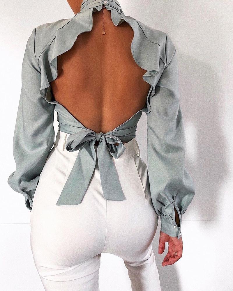 

Solid Ruffles Detail Knotted Backless Blouse, Gray