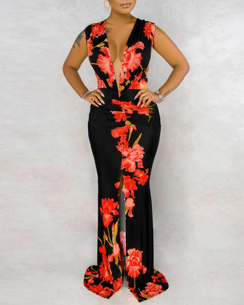 

Floral Print Plunge High Slit Sleeveless Maxi Dress, Red