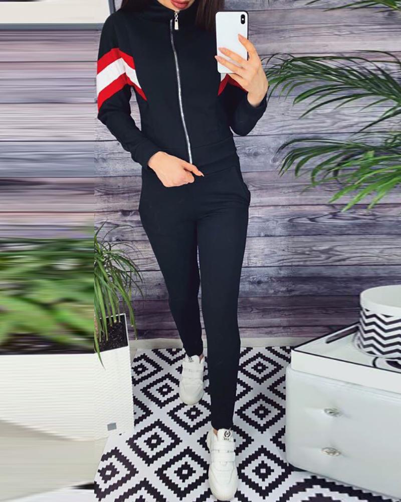 

Colorblock Zipper Design Top & Pocket Design Pants Set, Black