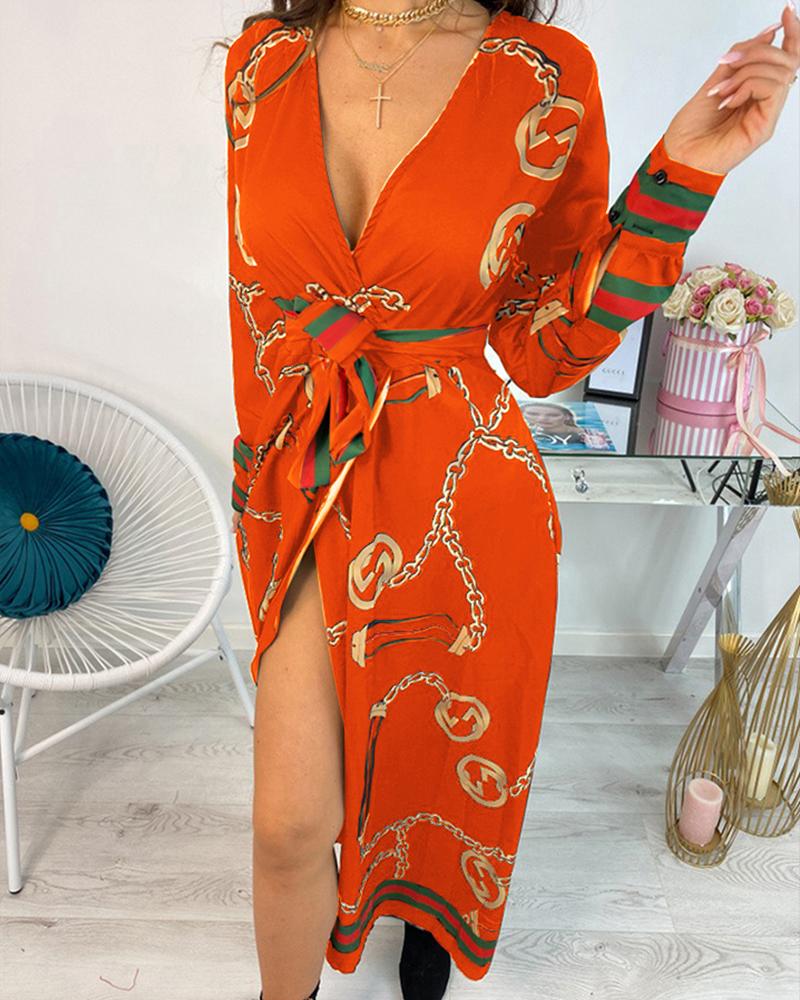 

Long Sleeve Chain Baroque Print Dress, Orange