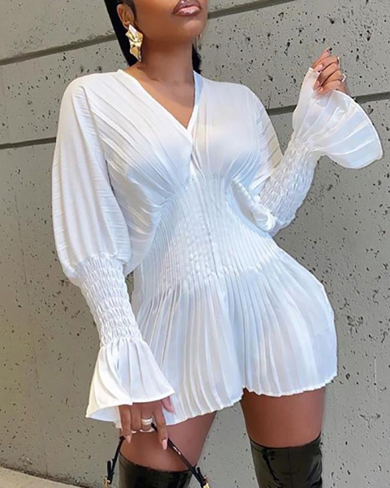 

Shirring Design Ruched Bell Sleeve Shirt Dress, White