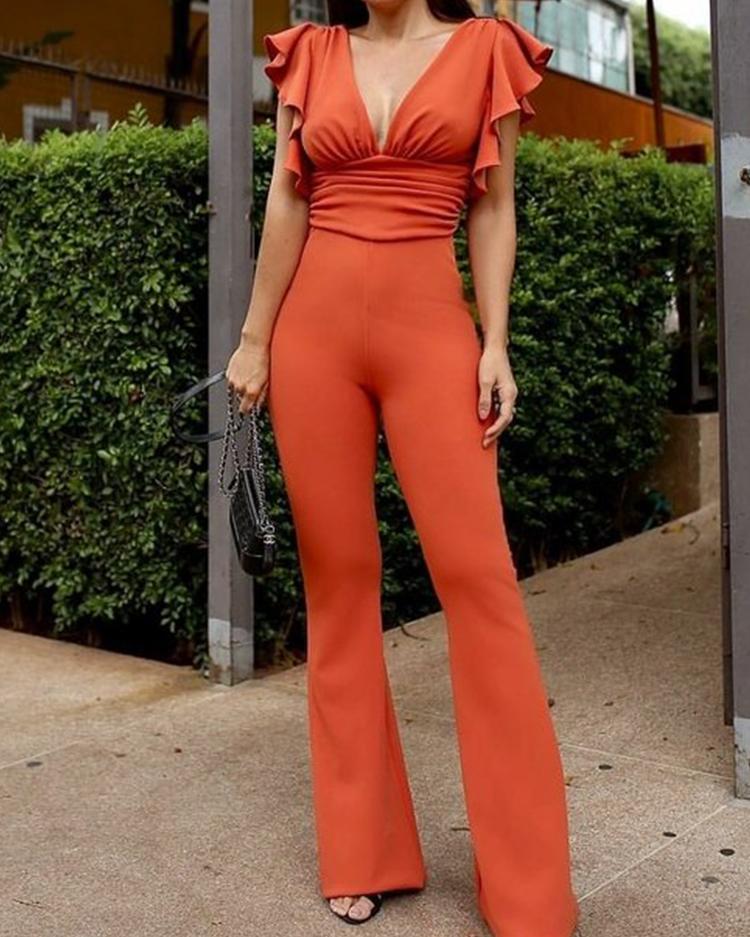 

Solid Plunge Flutter Sleeve Scrunch Flared Jumpsuit, Orange