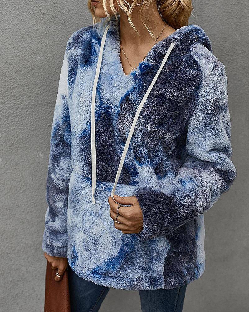 

Tie Dye Print Pocket Design Fluffy Hoodie, Dark blue