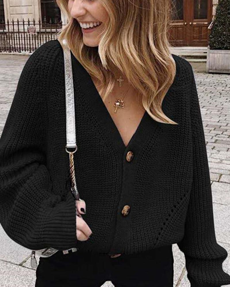 

Plain Lantern Sleeve Button Design Cardigan, Black
