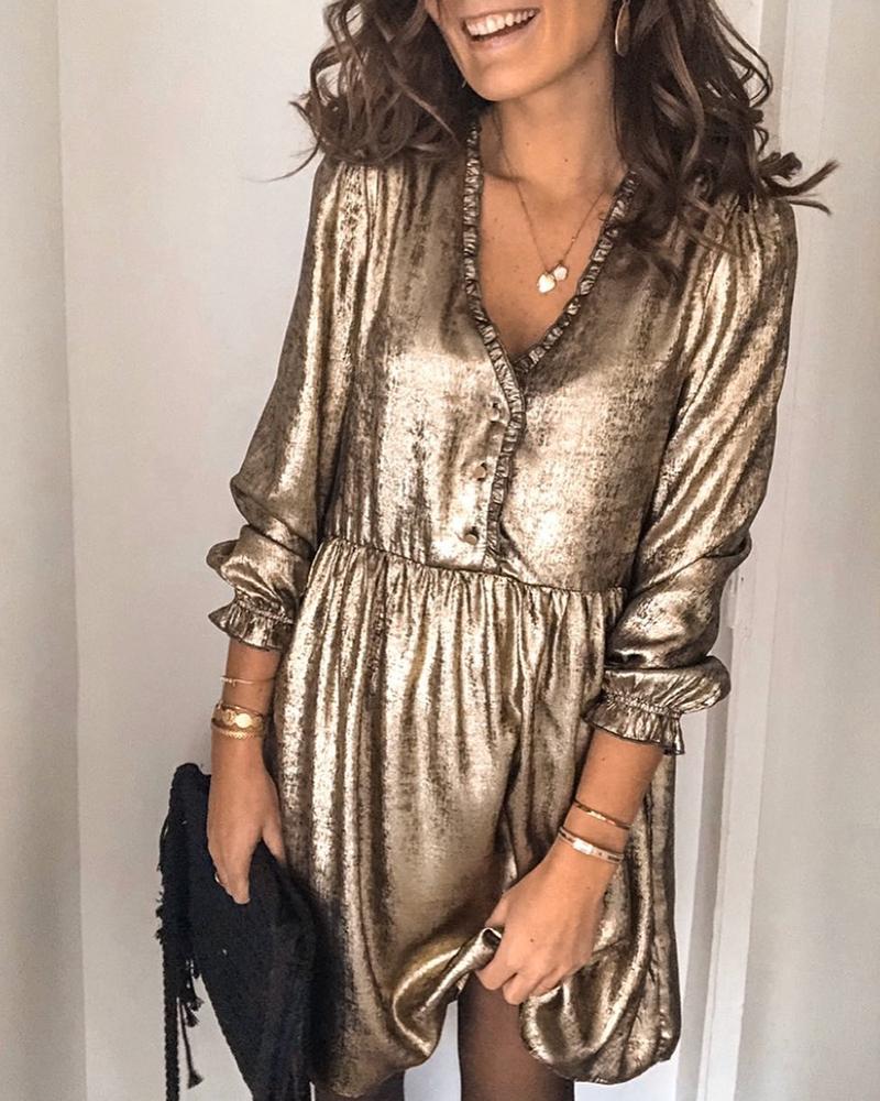 

Metallic Ruffle Trim Mini Dress, Gold