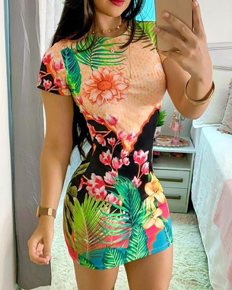 

Short Sleeve Floral Print Mini Dress, Green