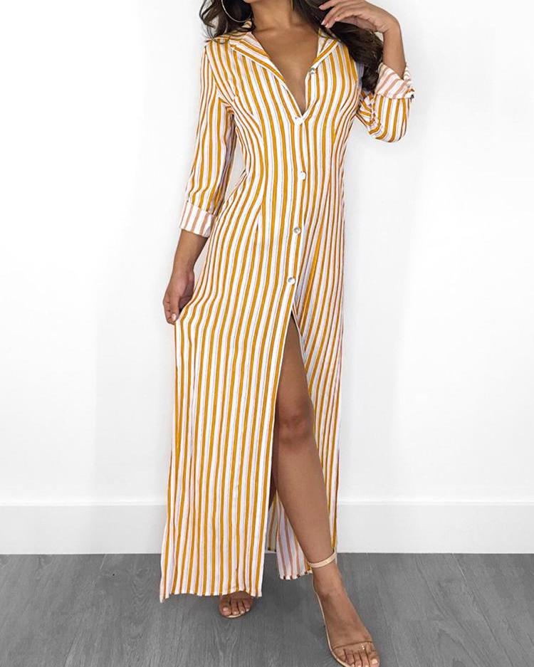 

Stripes Long Sleeve Button Up Slit Maxi Shirt Dress, Yellow