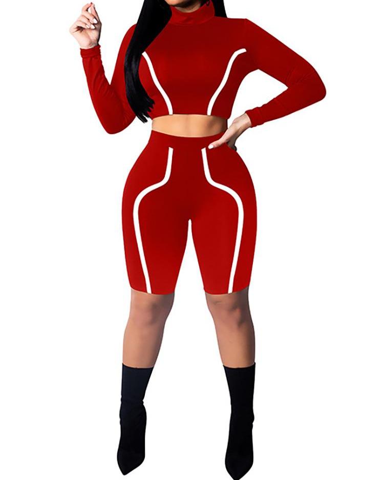 

Contrast Piping Long Sleeve Sporty Tracksuits, Red