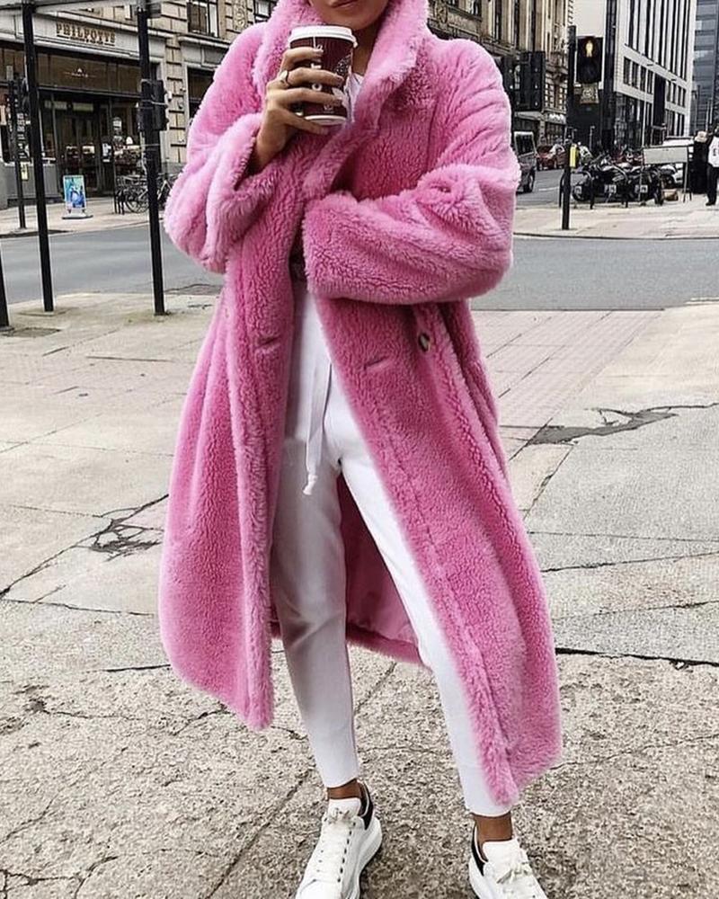 

Solid Long Sleeve Fluffy Casual Longline Coat, Purple