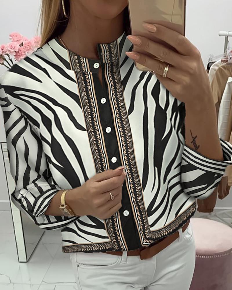 

Zebra Print Button Long Sleeve Casual Blouse, White