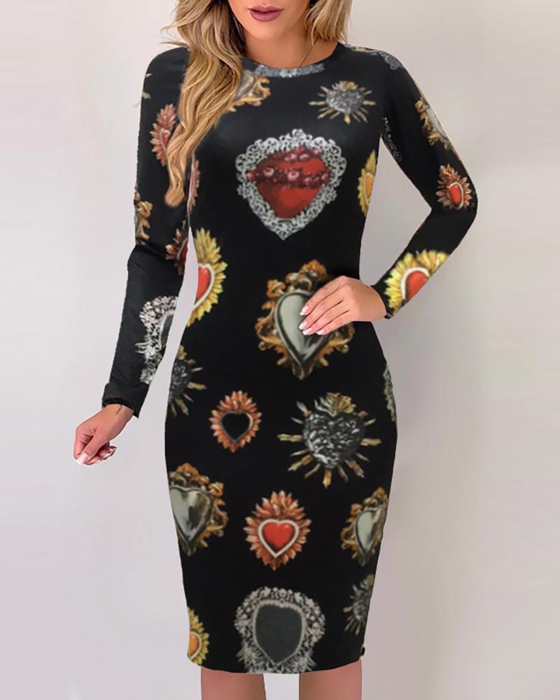 

Diamond Pattern Print Long Sleeve Midi Dress, Black