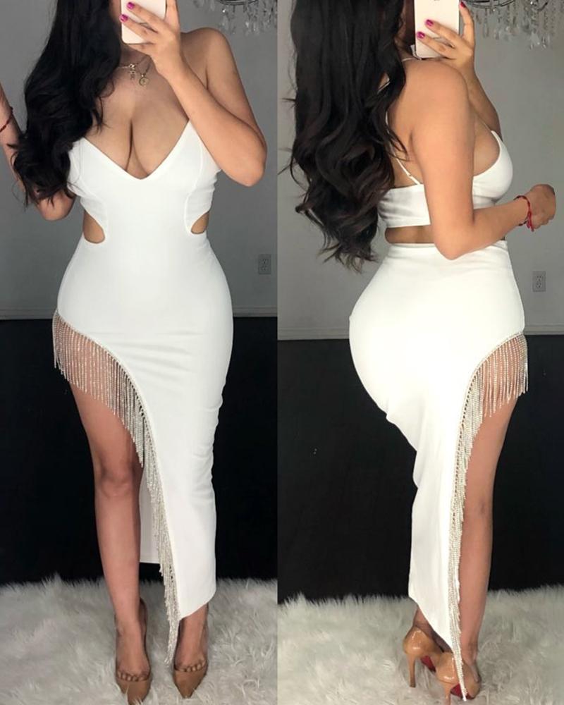 

Tassel Cut Out Irregular Midi Dress, White