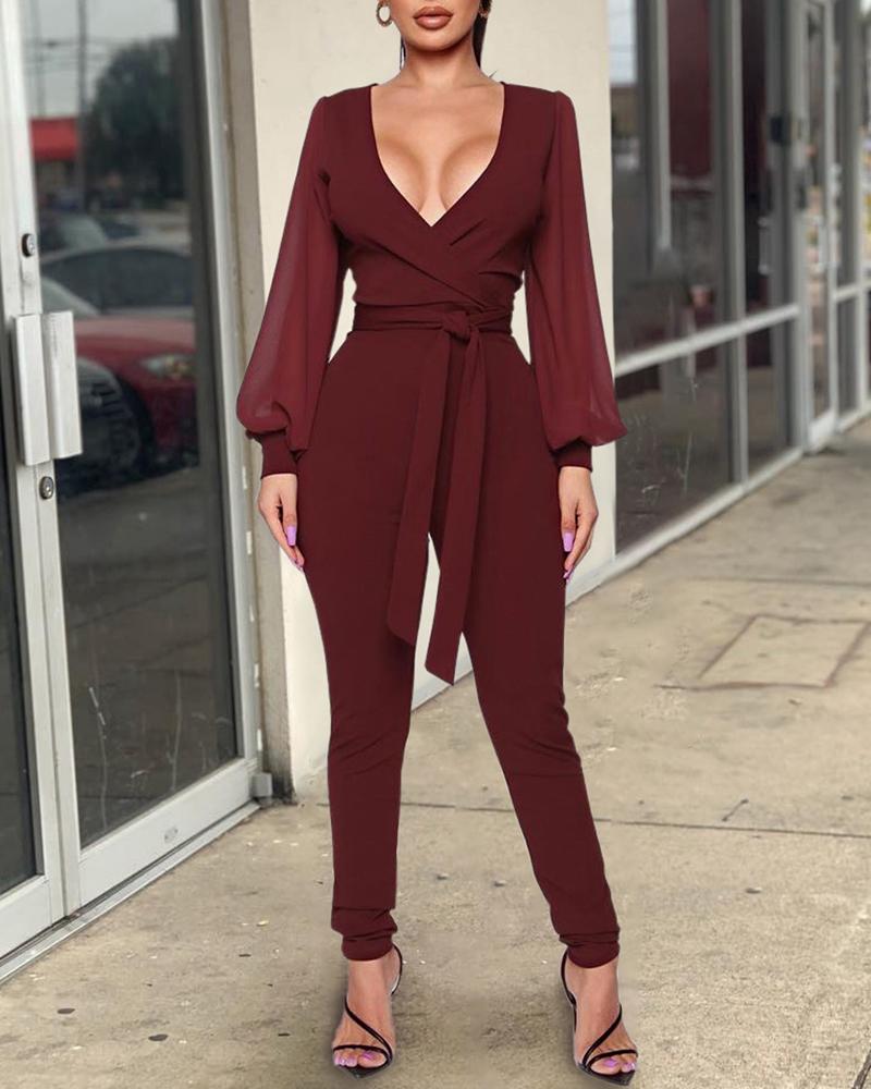 

Solid Plunge Lantern Sleeve Slinky Jumpsuit