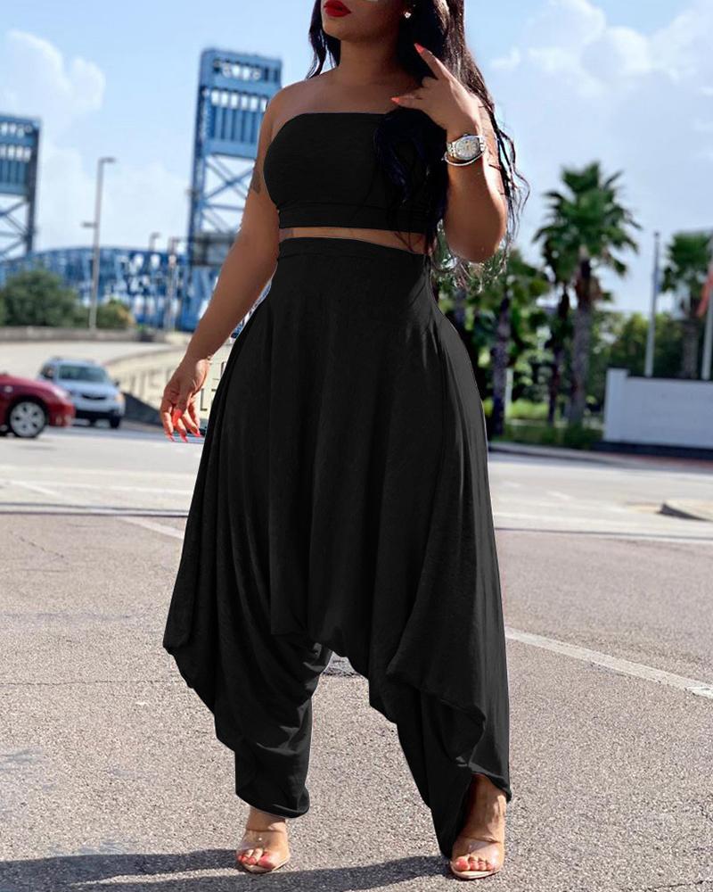 

Solid Straight Across Top & Harem Pants Sets, Black