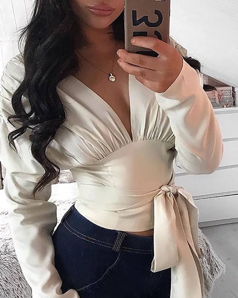 

V-Neck Ruched Bandage Detail Casual Blouse, Beige