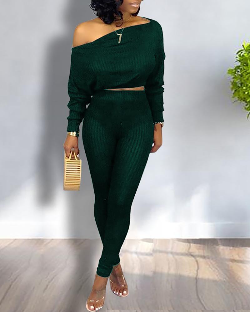 

Skew Neck Ribbed Crop Top & Pants Sets, Green