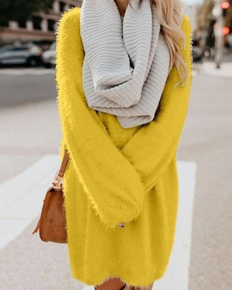 

Solid Color Medium Length Loose Knitting Sweater, Yellow